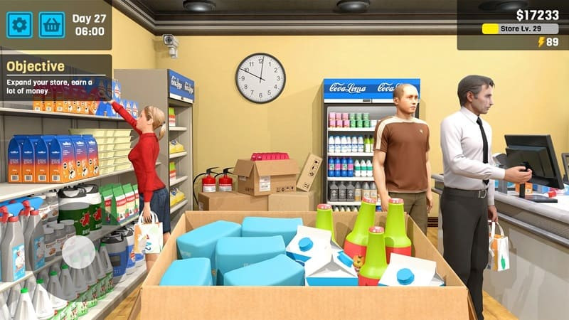 alt text: Hình ảnh gameplay Manage Supermarket Simulator với phiên bản mod