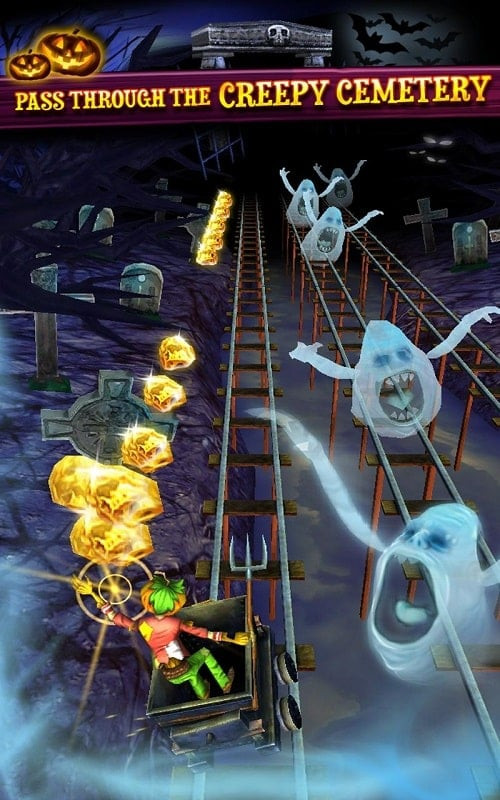 Rail Rush gameplay showing the character collecting coins and dodging obstacles in a mine.