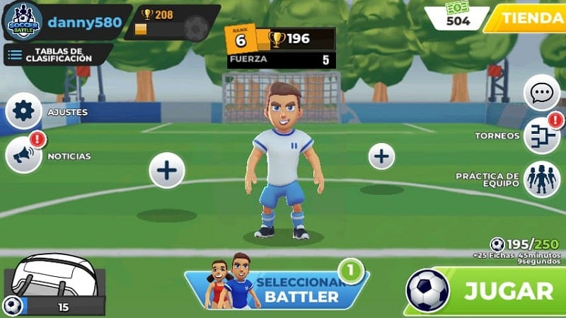 alt text: Hình ảnh gameplay Soccer Battle cho thấy một cầu thủ đang thực hiện cú sút bóng về phía khung thành đối phương.