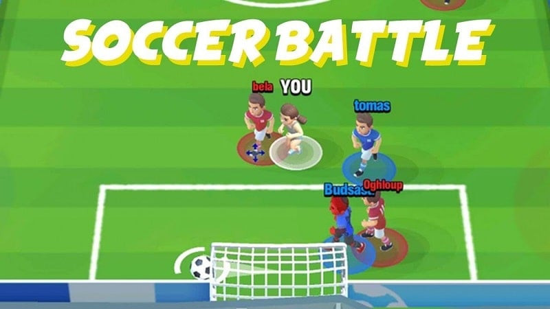 alt text: Hình ảnh gameplay Soccer Battle cho thấy trận đấu đang diễn ra với tốc độ nhanh và kịch tính.