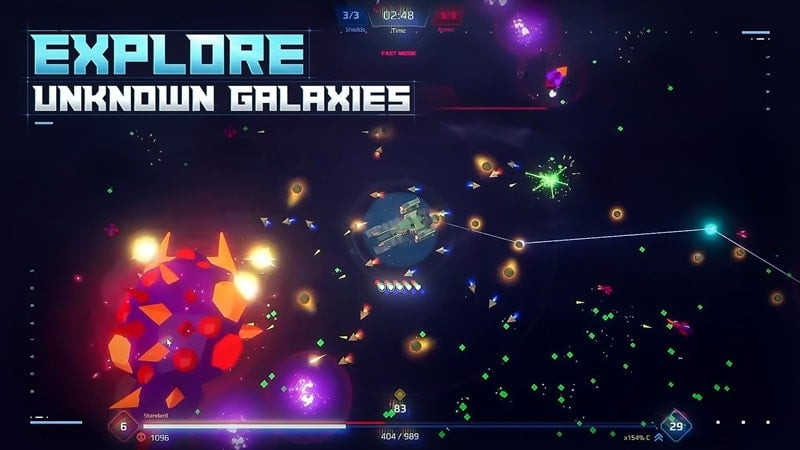 Star Survivor:Premium mod gameplay featuring the player's spaceship navigating and shooting down enemies in space, surrounded by asteroids and explosion effects.