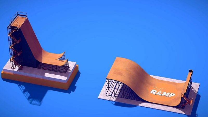 The Ramp gameplay with a character performing a jump on their skateboard.