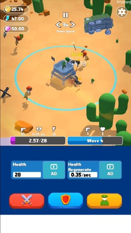 Tower Hero Idle gameplay screenshot, showing the character and weapon upgrade interface.