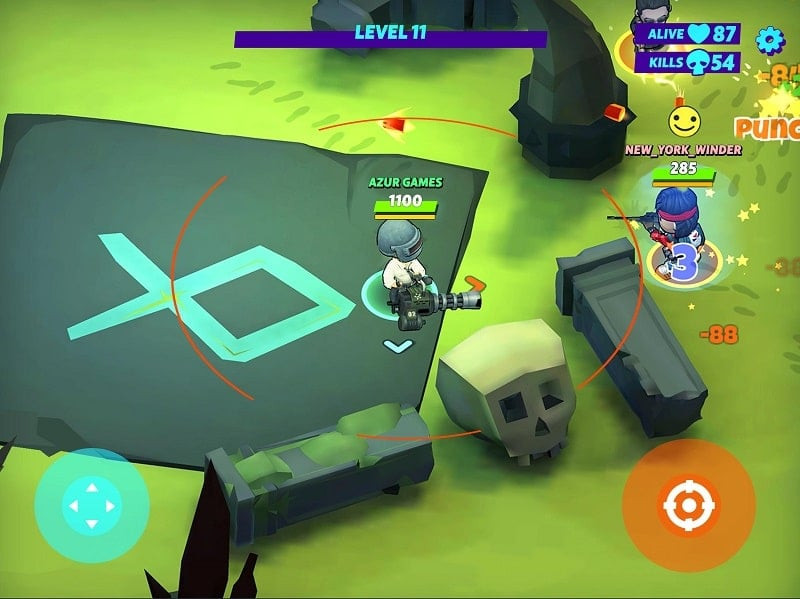 alt text: Hình ảnh gameplay Warriors.io với chiến binh chibi sử dụng súng