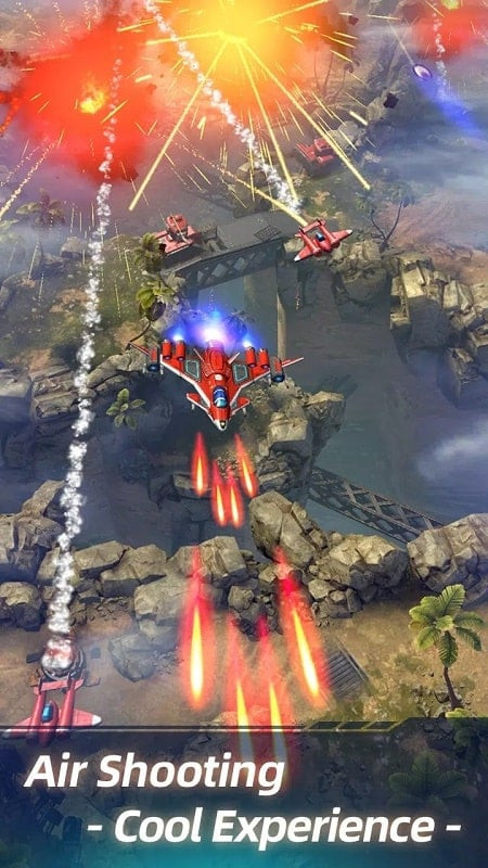 Wing Fighter gameplay screenshot: A fighter jet destroys an enemy ship in space.