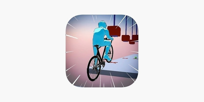 alt text: Hình ảnh giao diện chính của game Bicycle Extreme Rider 3D với một tay đua đang thực hiện pha bay xe trên không trung. Địa hình trong game là đồi núi hiểm trở, tạo nên sự thử thách cho người chơi.