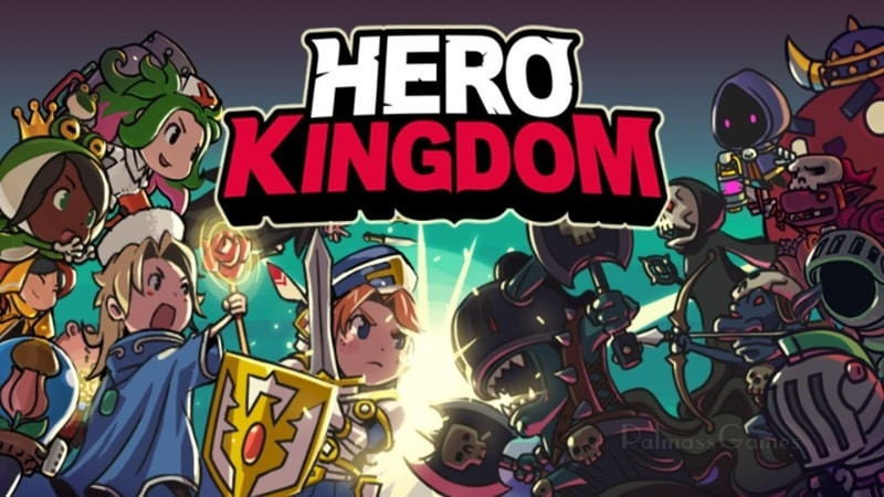 alt text: Hình ảnh giao diện chính của game Hero Kingdom, hiển thị các anh hùng sẵn sàng chiến đấu.