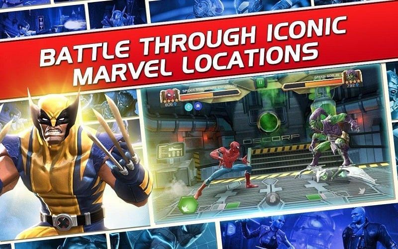 alt text: Hình ảnh giao diện chọn nhân vật trong Marvel Contest of Champions, với đa dạng các siêu anh hùng và siêu ác nhân