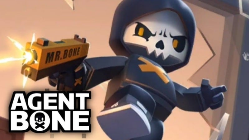 alt text: Hình ảnh giao diện game Agent Bone với nhân vật chính cầm súng sẵn sàng chiến đấu