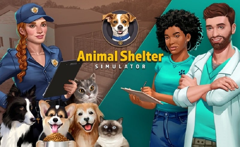 alt text: Hình ảnh giao diện game Animal Shelter Simulator với chú chó đáng yêu