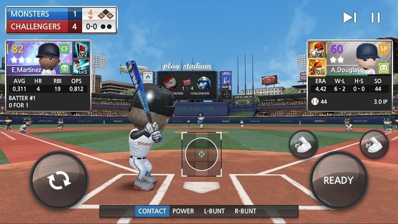 A screenshot of the Baseball 9 MOD APK interface, highlighting MOD features like unlimited diamonds and stamina