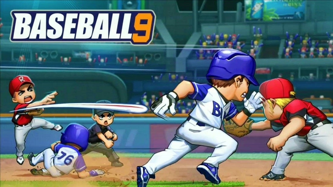 alt text: Hình ảnh giao diện game Baseball 9 với đồ họa sống động, hiển thị một trận đấu bóng chày đang diễn ra