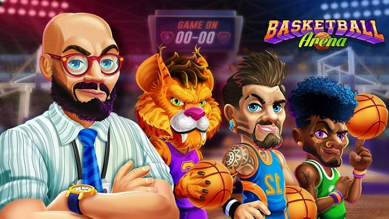 alt text: Hình ảnh giao diện game Basketball Arena: Online Game hiển thị trận đấu bóng rổ giữa hai đội với đồ họa chibi dễ thương.