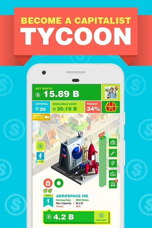 Billionaire Capitalist Tycoon mod APK gameplay screenshot showing buildings and the user interface.