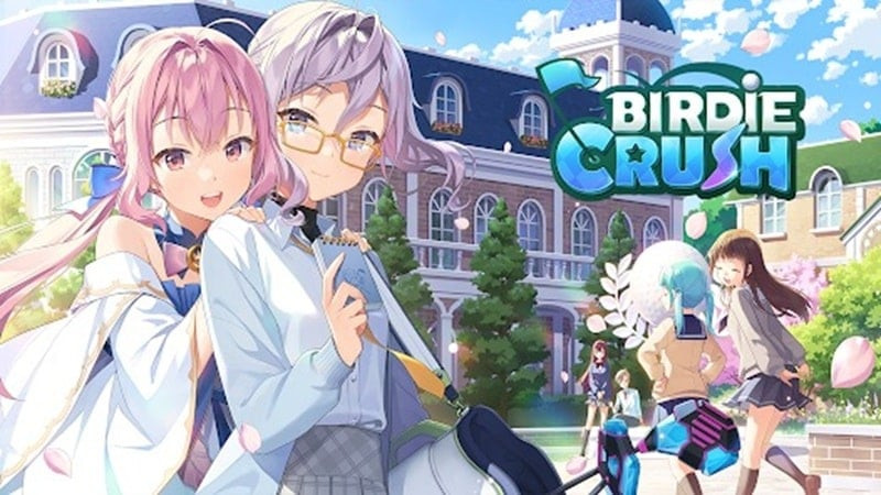 alt text: Hình ảnh giao diện game Birdie Crush với các nhân vật hoạt hình đáng yêu đang chuẩn bị đánh golf