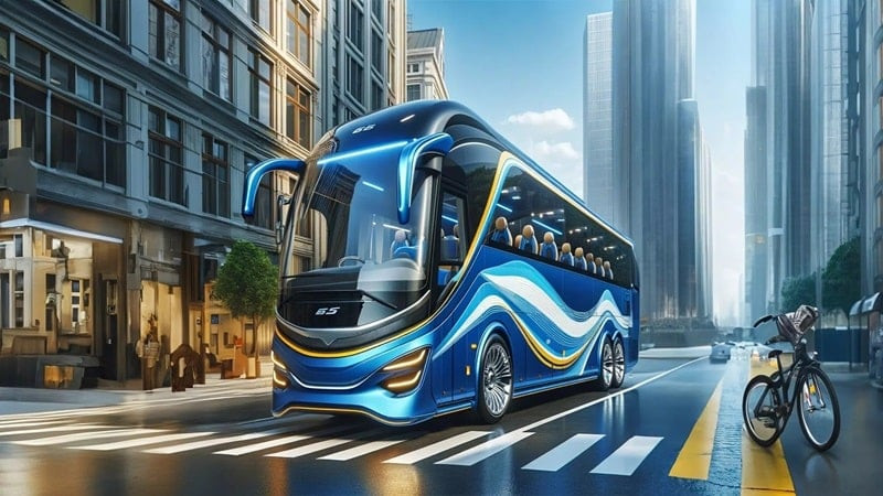 alt text: Hình ảnh giao diện game Bus Simulator Coach Games 2023 hiển thị một chiếc xe buýt hiện đại đang di chuyển trên đường phố.