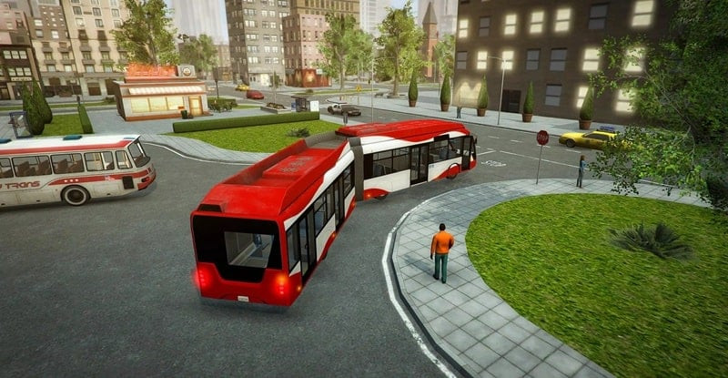 alt text: Hình ảnh giao diện game Bus Simulator PRO 2, hiển thị một chiếc xe buýt đang di chuyển trên đường phố.