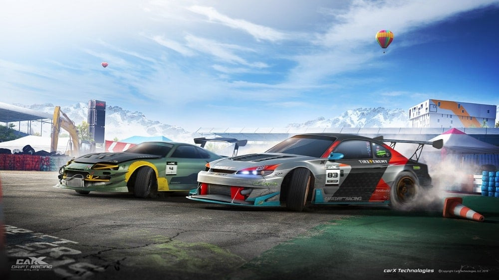 alt text: Hình ảnh giao diện game CarX Drift Racing 2 với một chiếc xe đang drift