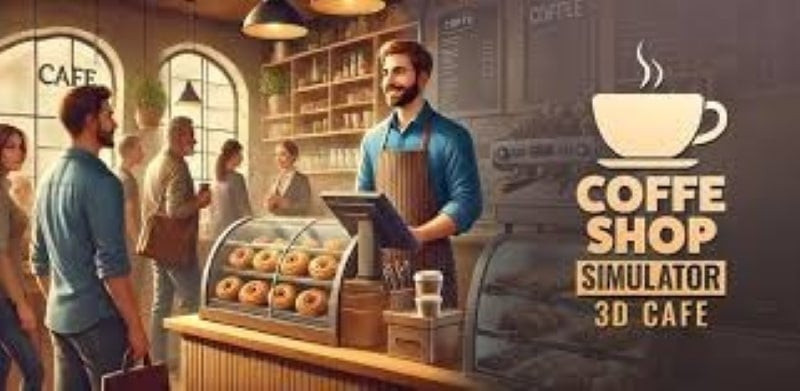 alt text: Hình ảnh giao diện game Coffee Shop Simulator 3D Cafe, hiển thị một quán cafe nhỏ xinh với đầy đủ tiện nghi.