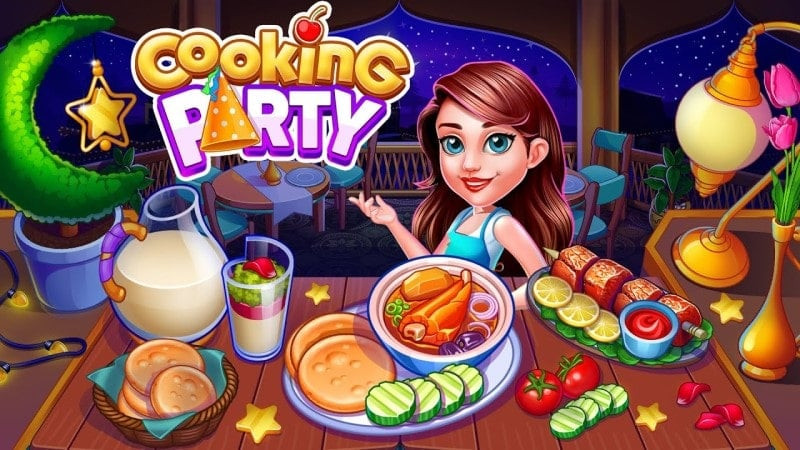 alt text: Hình ảnh giao diện game Cooking Party Cooking Games với các món ăn hấp dẫn.