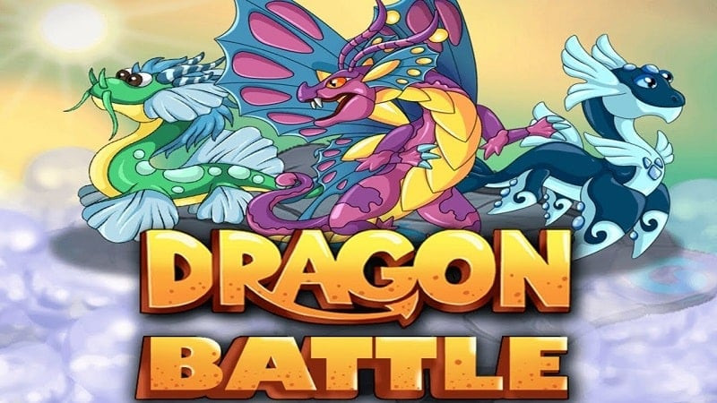 alt text: Hình ảnh giao diện game Dragon Battle trên điện thoại, hiển thị một chú rồng đầy màu sắc và hùng mạnh đang bay lượn trên bầu trời.