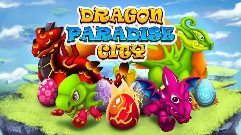 alt text: Hình ảnh giao diện game Dragon Paradise City với những chú rồng đầy màu sắc