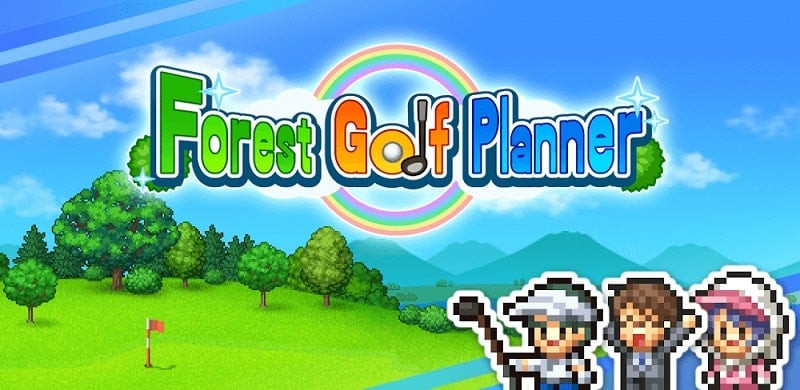 alt text: Hình ảnh giao diện game Forest Golf Planner với đồ họa pixel cổ điển, hiển thị sân golf xanh mướt cùng các tiện ích như quầy dịch vụ, cây cối trang trí.