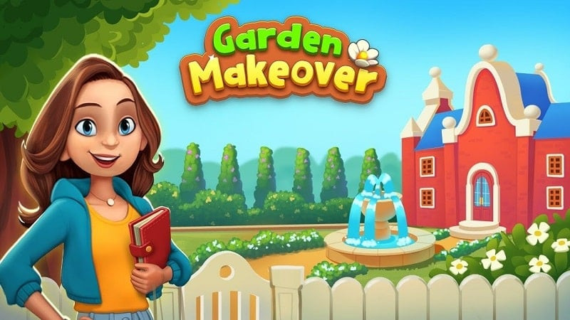 alt text: Hình ảnh giao diện game Garden Design Makeover với một khu vườn rực rỡ sắc màu