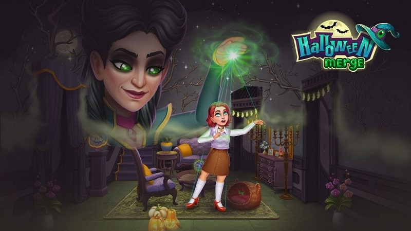 alt text: Hình ảnh giao diện game Halloween Merge với các nhân vật và đồ vật theo phong cách Halloween