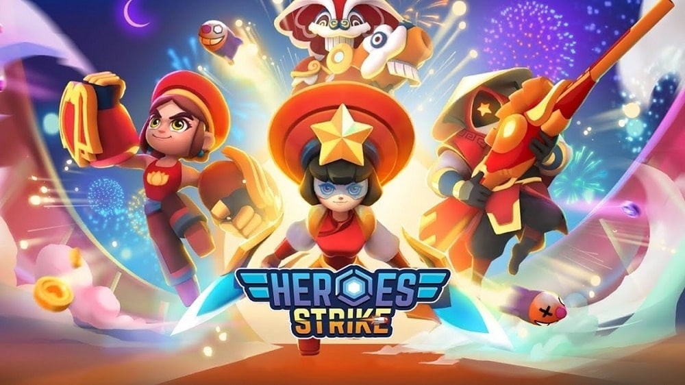 alt text: Hình ảnh giao diện game Heroes Strike với các nhân vật và hiệu ứng kỹ năng đẹp mắt.