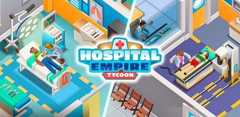 alt text: Hình ảnh giao diện game Hospital Empire Tycoon với các phòng ban và nhân viên y tế đang hoạt động.