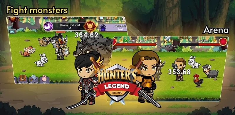 alt text: Hình ảnh giao diện game Hunter’s Legend Idle RPG với nhân vật chính đang chiến đấu với quái vật