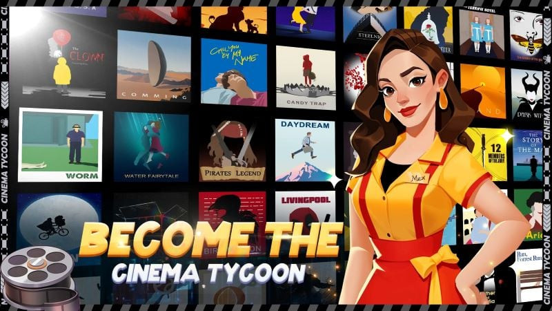 alt text: Hình ảnh giao diện game Idle Cinema Tycoon, hiển thị khu vực quầy vé và khách hàng đang xếp hàng