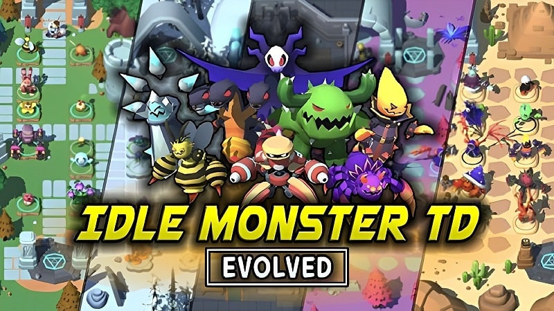 alt text: Hình ảnh giao diện game Idle Monster TD Evolved, với các quái vật đầy màu sắc sẵn sàng chiến đấu.