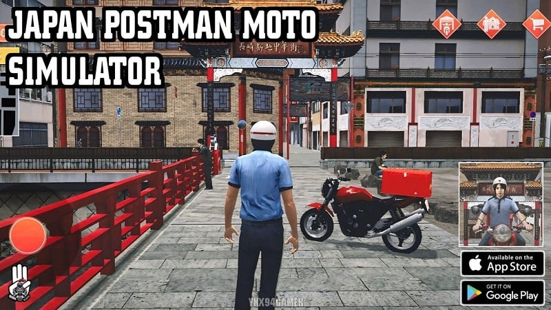 alt text: Hình ảnh giao diện game Japan Postman Moto Simulator với nhân vật bưu tá đang lái xe máy trên đường phố Nhật Bản