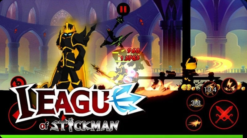 alt text: Hình ảnh giao diện game League of Stickman mod với nhân vật và các tùy chọn