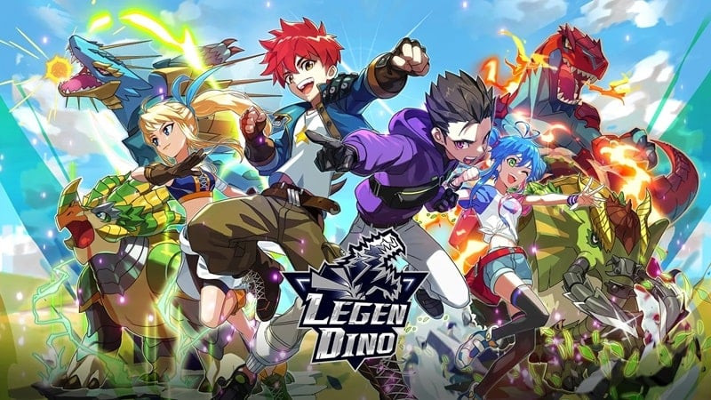 alt text: Hình ảnh giao diện game Legendino với các nhân vật khủng long đầy màu sắc và hấp dẫn.