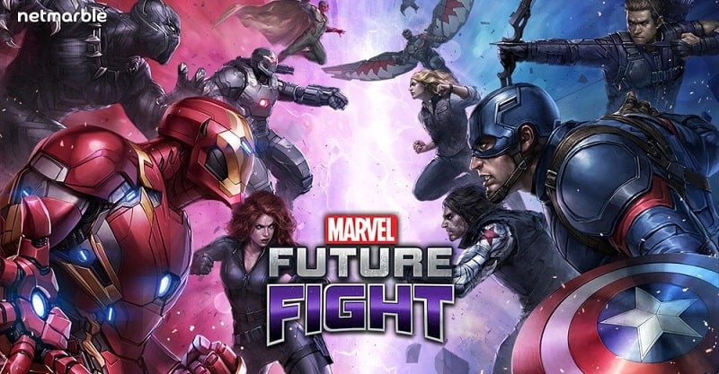 alt text: Hình ảnh giao diện game MARVEL Future Fight với dàn siêu anh hùng quen thuộc