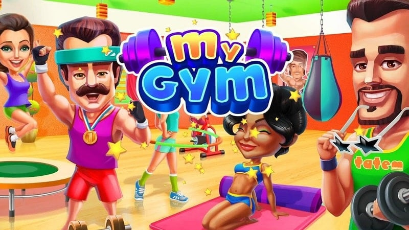 alt text: Hình ảnh giao diện game My Gym, hiển thị một phòng tập với nhiều máy móc hiện đại và khách hàng đang tập luyện.