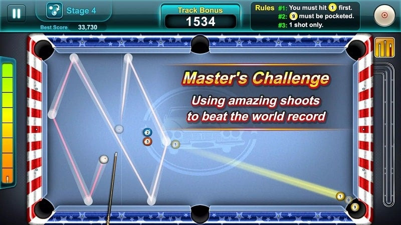 Pool Ace gameplay on a phone, showing the pool table and game options.