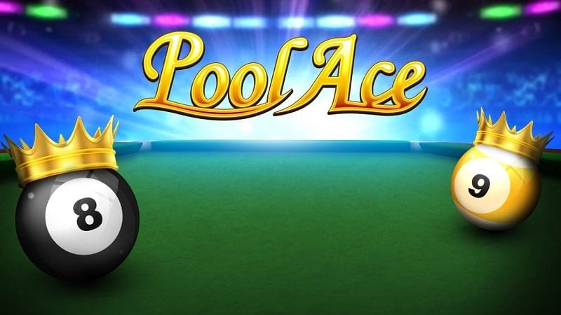 alt text: Hình ảnh giao diện game Pool Ace trên điện thoại, hiển thị bàn bi-a và các tùy chọn chơi.