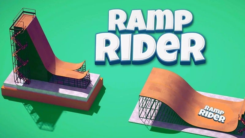 alt text: Hình ảnh giao diện game Ramp Rider, thể hiện nhân vật đang thực hiện cú nhảy trên ván trượt.