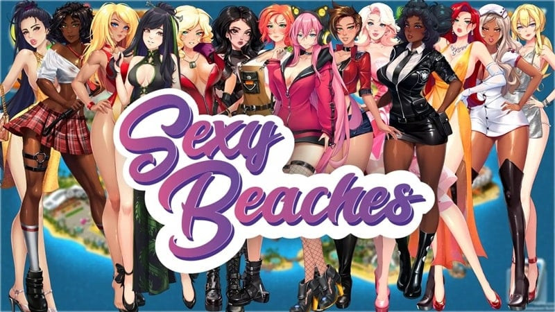 alt text: Hình ảnh giao diện game Sexy Beaches với bãi biển xanh mát, các cô gái xinh đẹp và các công trình nghỉ dưỡng