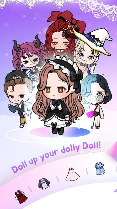 Toonydoll MOD APK game interface with various clothing and accessory options