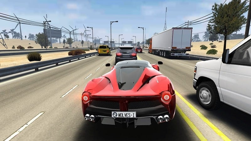 alt text: Hình ảnh giao diện game Traffic Tour với một chiếc xe thể thao đang chạy trên đường cao tốc.