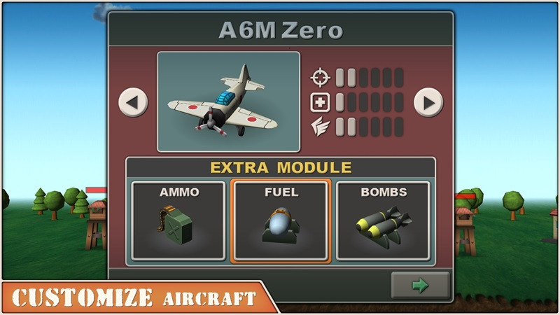 alt text: Sky Aces 2 screenshot of the plane selection and upgrade interface