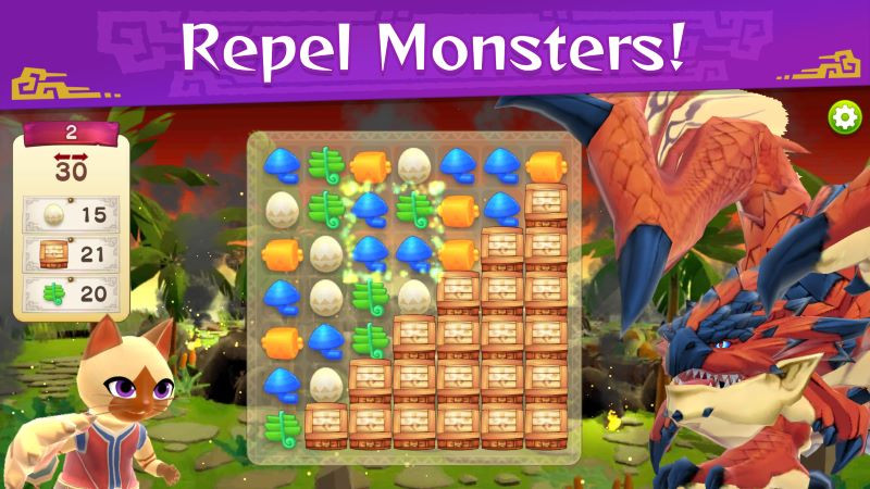 alt text: Hình ảnh giao diện Monster Hunter Puzzles với các tùy chọn trang trí cho hòn đảo