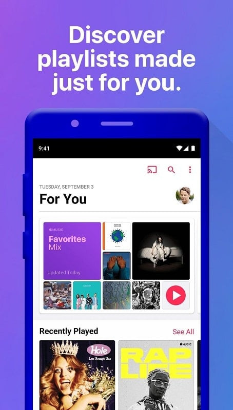 alt text: Hình ảnh giao diện ứng dụng Apple Music MOD trên thiết bị Android với các tùy chọn nghe nhạc.