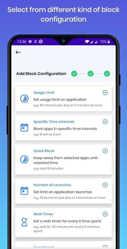 Stay Focused app interface on an Android phone, showing a list of blocked apps and websites.