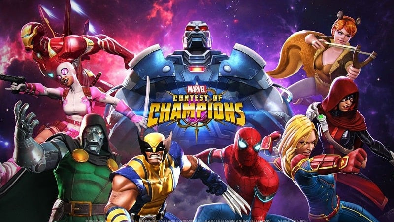 alt text: Hình ảnh giới thiệu game Marvel Contest of Champions với các siêu anh hùng nổi bật